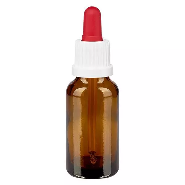 Lékárenská lahvička hnědá 20ml s pipetou bílá/červená s uzávěrem proti neoprávněné manipulaci.