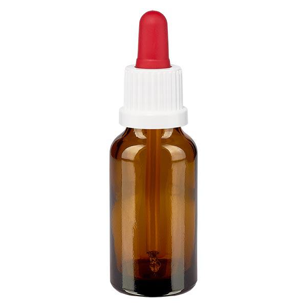 Lékárenská lahvička hnědá 20ml s pipetou bílá/červená s uzávěrem proti neoprávněné manipulaci. Lékárenská lahvička hnědá 20ml s pipetou bílá/červená s uzávěrem proti neoprávněné manipulaci.
