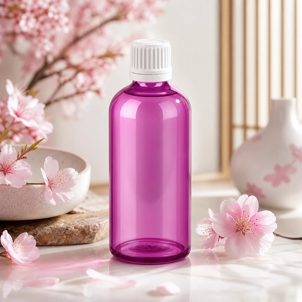 100ml láhev se šroubovacím uzávěrem 11 mm bílá Originální šroubovací uzávěr PurpleLine UT18/100 Moderne 100ml violette Glasflasche mit weissem 11mm Verschluss ideal für DIY-Kosmetik und Naturprodukte