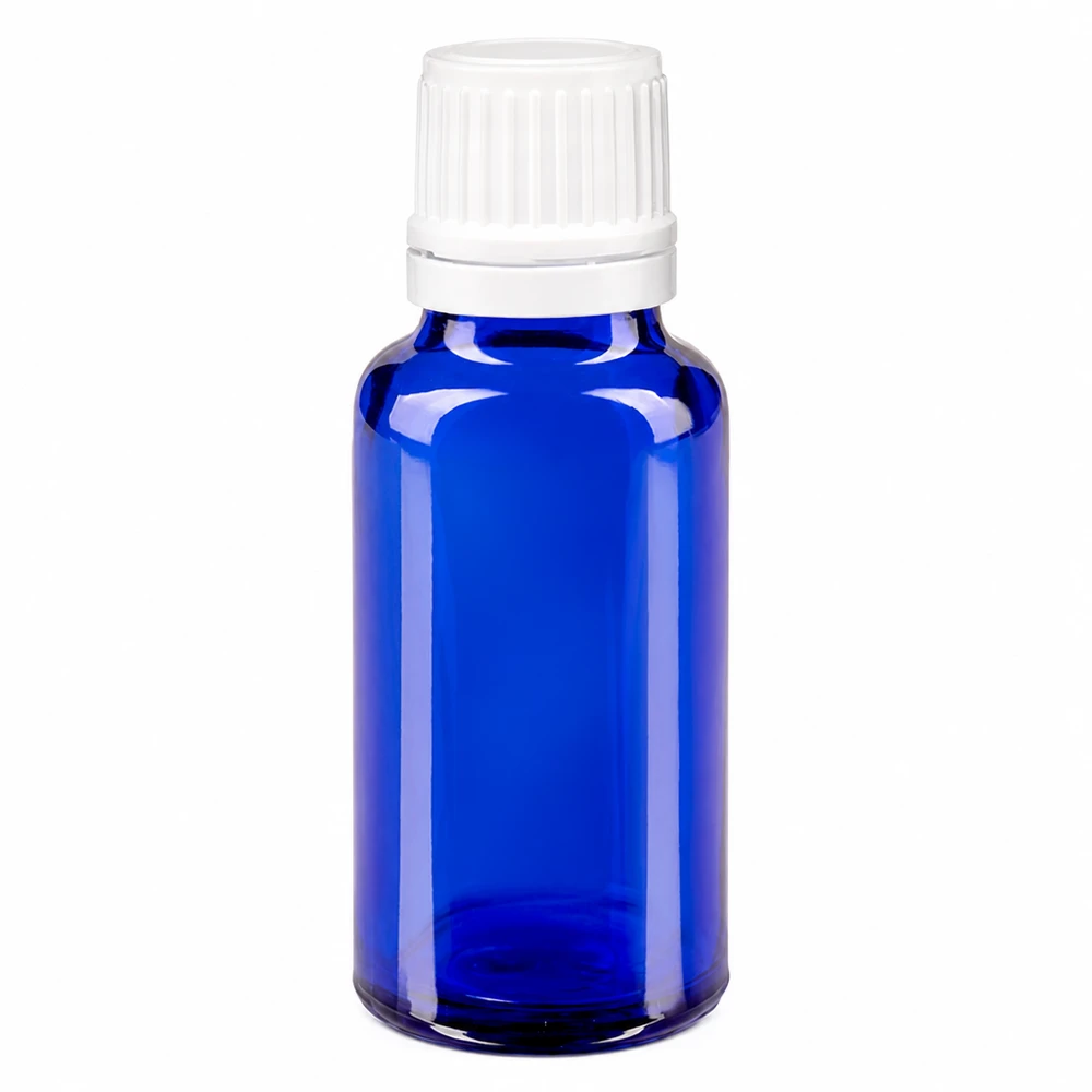 20ml blaue pharmazeutische Tropfflasche aus Apothekenglas mit weißem Originalitätsverschluss