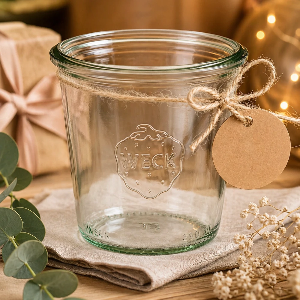 290ml vysoké sklenice WECK RR80 s dřevěným víčkem. WECK Sturzglas 290ml RR80 hoch mit Deckel und Geschenkanhänger auf rustikalem Holztisch dekoriert