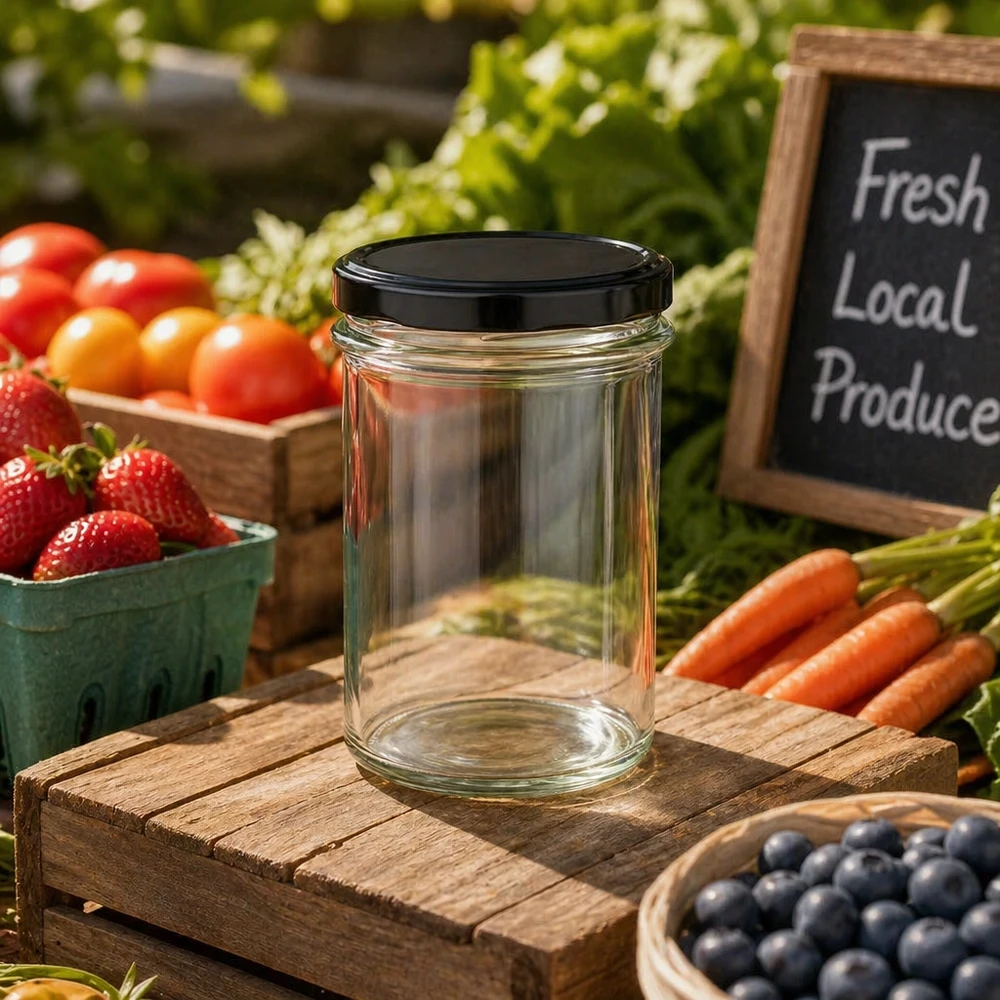 230ml tumblery s víčkem BasicSeal černé UNiTWIST. 230ml Sturzglas mit schwarzem BasicSeal Deckel zwischen frischem Obst Gemüse auf Holztisch Farmers Market Szene