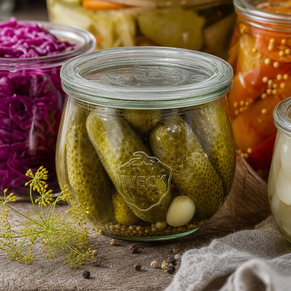 WECK Tulpenglas 580ml RR100 mit eingelegten Gurken und Gewürzen zwischen fermentiertem Gemüse und Kräutern