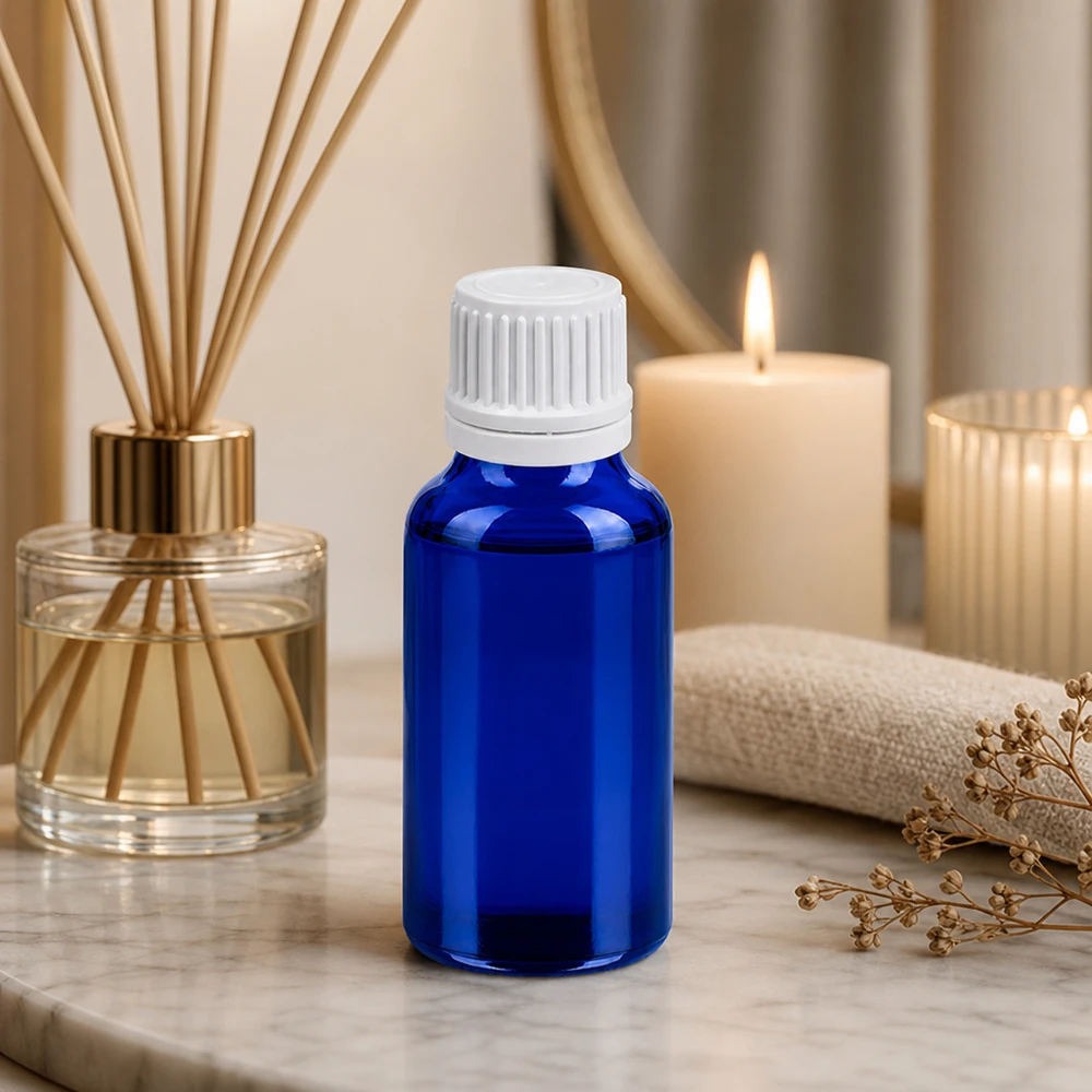 Lichtgeschützte blaue 20ml Glasflasche mit weißem OV für langanhaltende Produktfrische