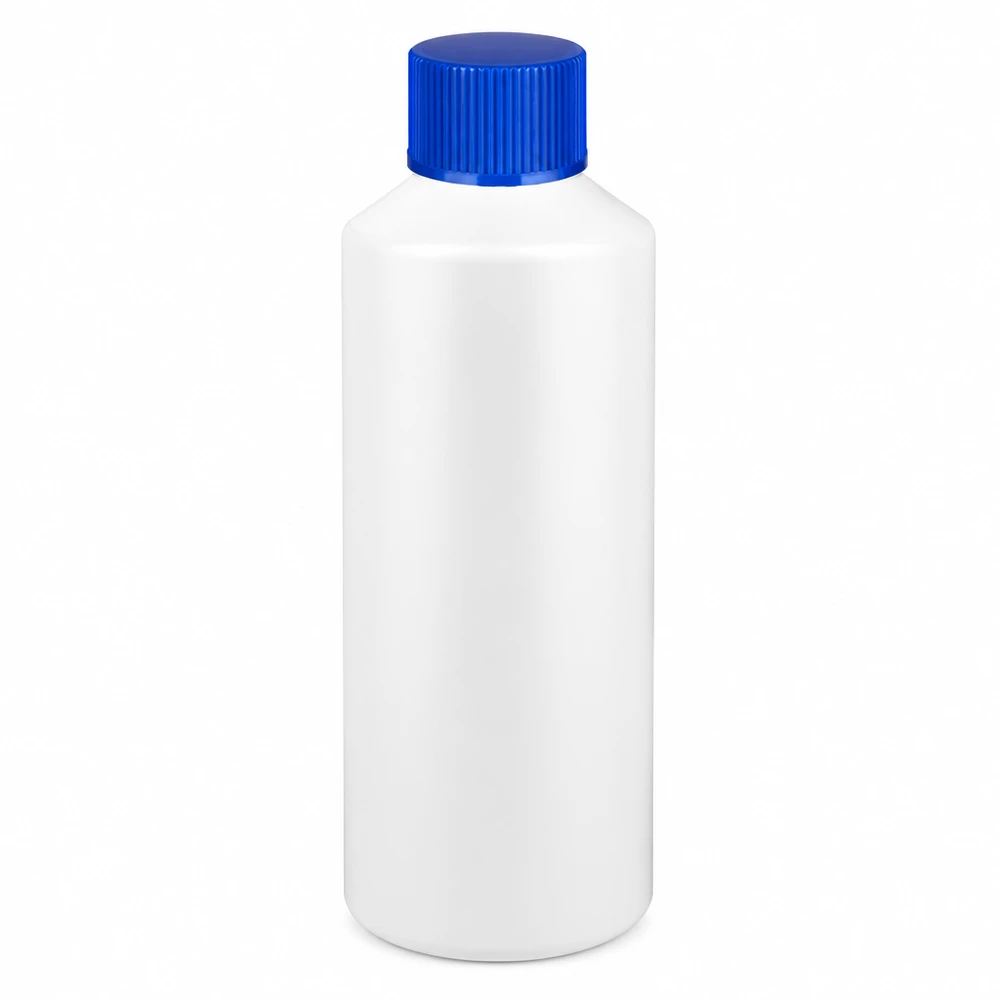 Bílá lékárenská lahvička z HDPE o objemu 100 ml s modrým šroubovacím uzávěrem z vysoce kvalitního plastu