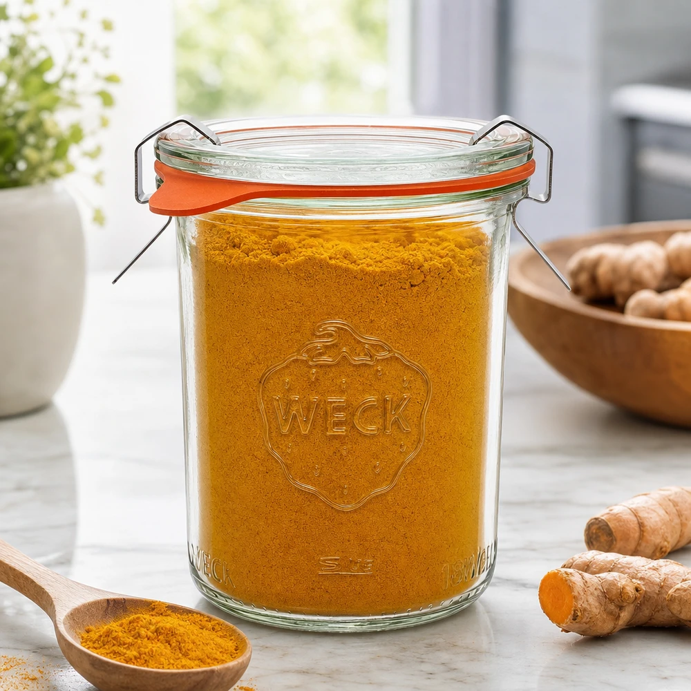 Kompletní 160ml sklenice se svěžestí WECK RR60 WECK Sturzglas 160ml RR60 mit Kurkumapulver gefüllt neben Ingwerwurzeln zeigt perfekte Gewürzaufbewahrung