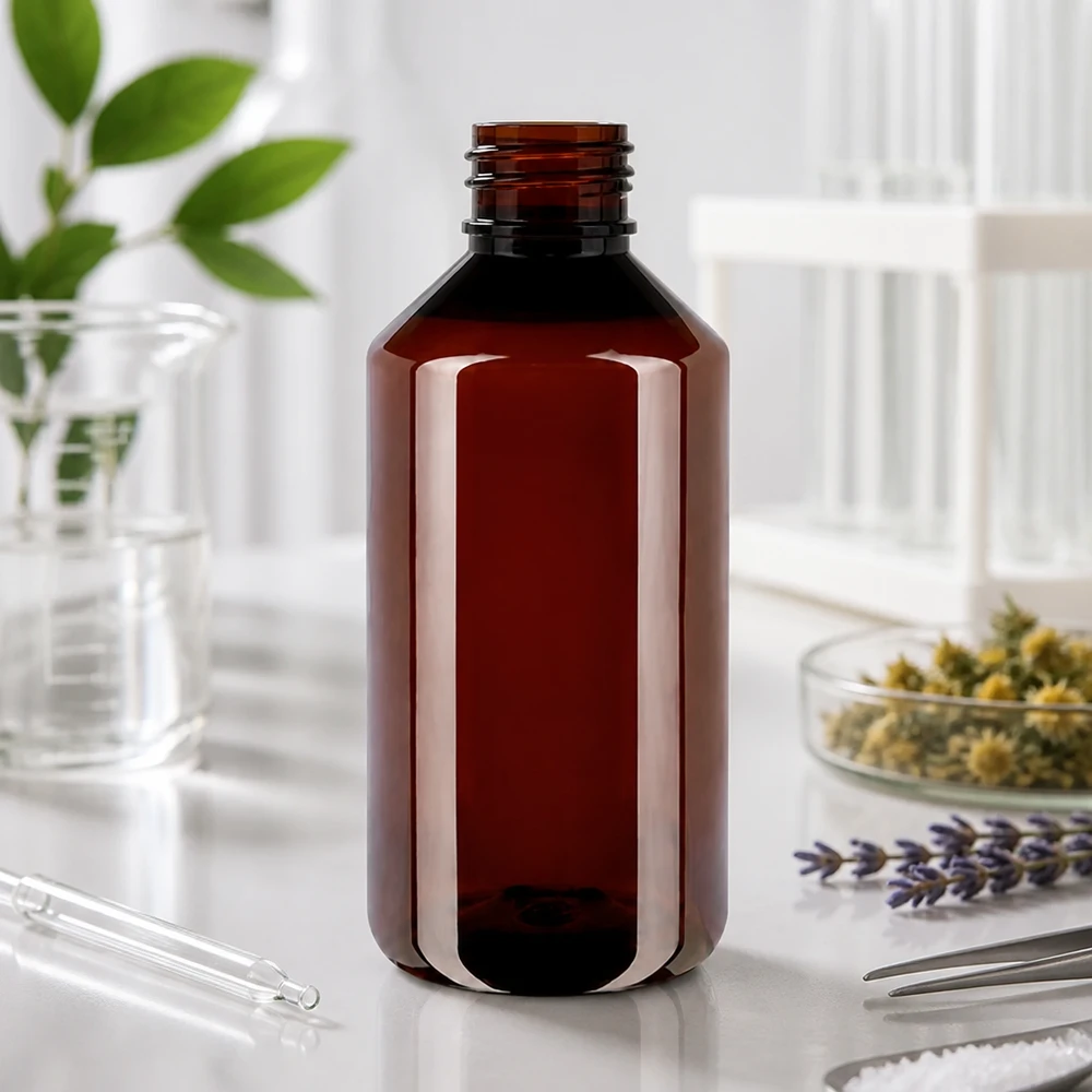 Prázdná hnědá PET láhev o objemu 1000 ml se šroubovacím uzávěrem pro farmaceutický průmysl a přírodní kosmetiku