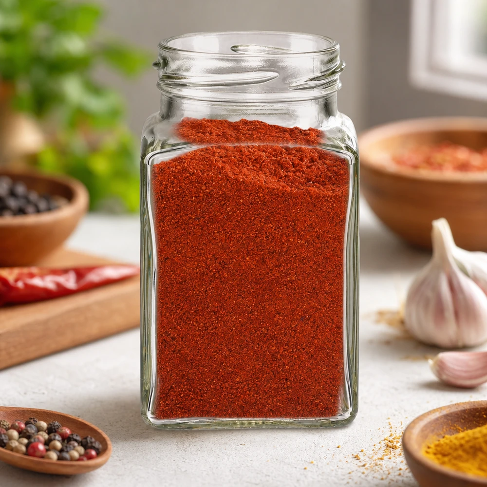 Tetra sklenice 260ml bez víčka (TO58) UNiTWIST UNiTWIST Tetra260 4-Eckglas 260ml mit rotem Paprika-Pulver gefüllt in Küche mit Gewürzen und Knoblauch