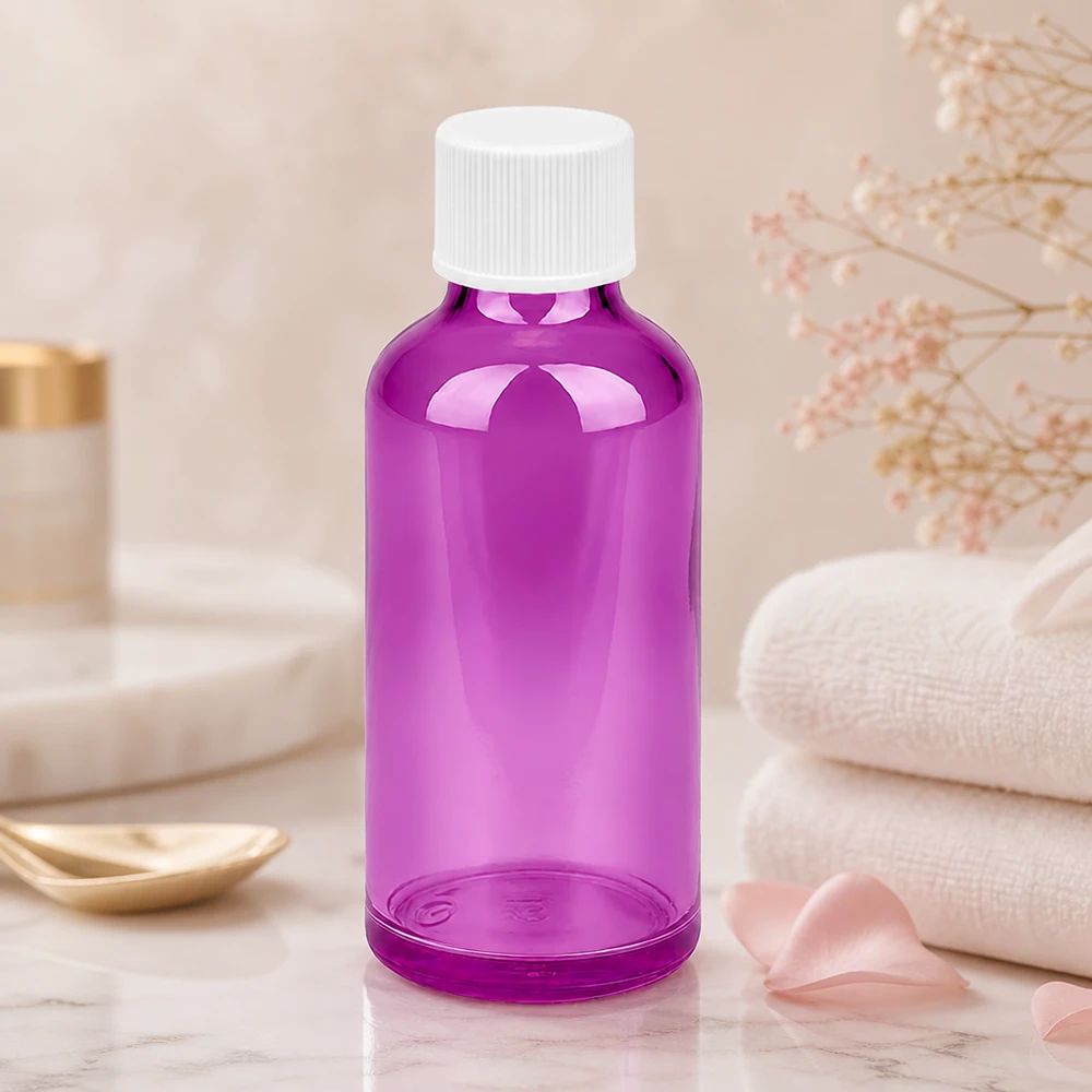50ml lahvička 11mm se šroubovacím uzávěrem bílá standardní PurpleLine UT18/50 Praktische 50ml Violettglasflasche mit Standardverschluss für mobile Anwendung und Reisen