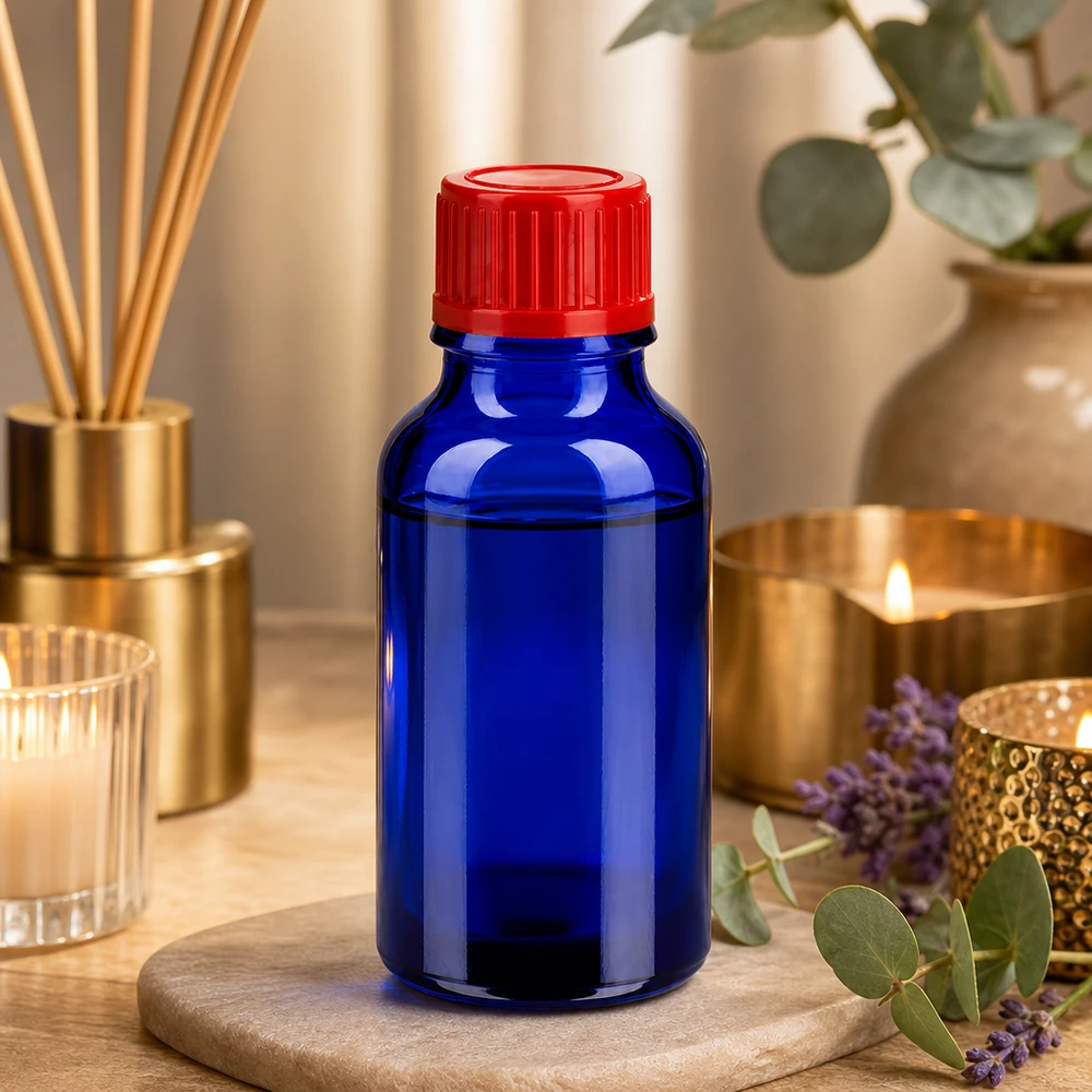 Elegante blaue Glasflasche 20ml mit rotem Akzent perfekt für DIY-Kosmetik