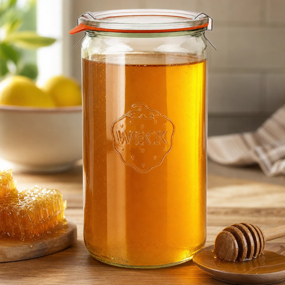 Kompletní 1590ml válcová sklenice WECK RR100 s čerstvostí. WECK Zylinderglas 1590ml RR100 mit Honig befüllt Bügelverschluss orange Gummiring Holzhoniglöffel Waben