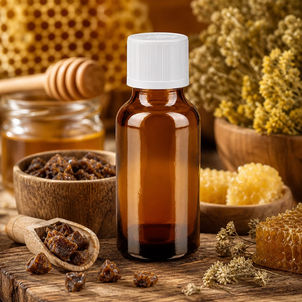 Lékárenská láhev hnědá 20ml šroubovací uzávěr bílý standard odolný proti otevření dětmi. Zylindrische 20ml Braunglasflasche mit weißem Kindersicherheitsverschluss ideal für Propolis Extrakte