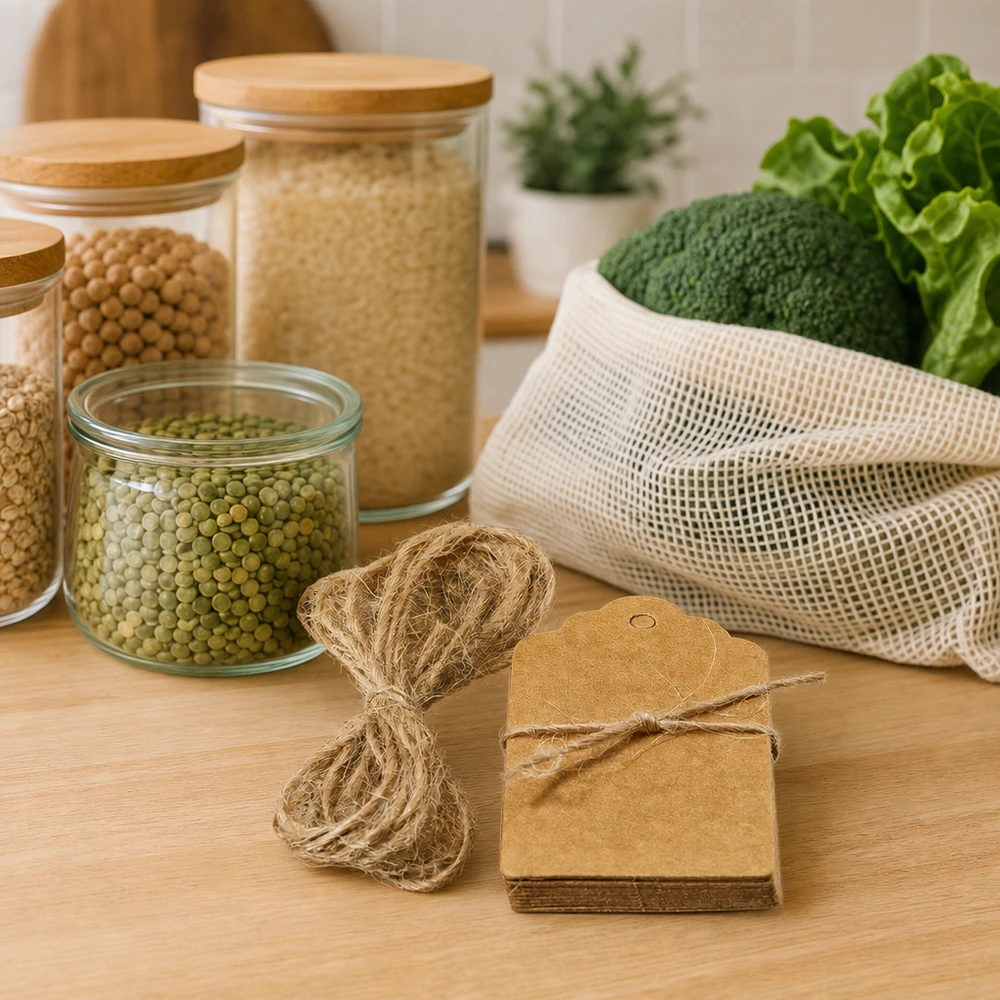 Štítek 30x50 mm se šňůrkou (balení po 10 ks) Nachhaltige Kraftpapier-Etiketten mit Naturfaserkordel neben Zero-Waste Produkten und Mesh-Beutel für plastikfreie Küche