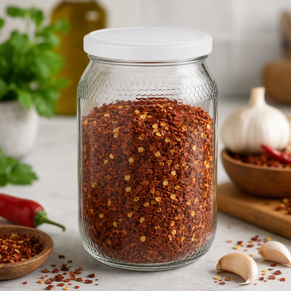 Honigglas 900ml mit Chilliflocken gefüllt zeigt vielseitige Verwendung für Gewürze und Lebensmittel BasicSeal Deckel