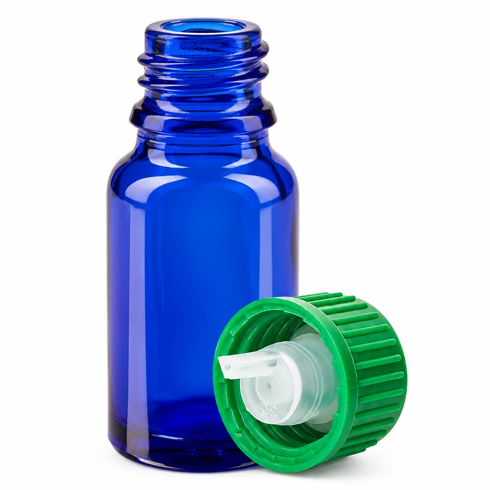 10ml lahvička s kapátkem 0,8 mm zelená standardní uzávěr BlueLine UT18/10 Handliche 10ml Glasflasche blau mit präzisem 0.8mm Tropfaufsatz für Laboranwendungen