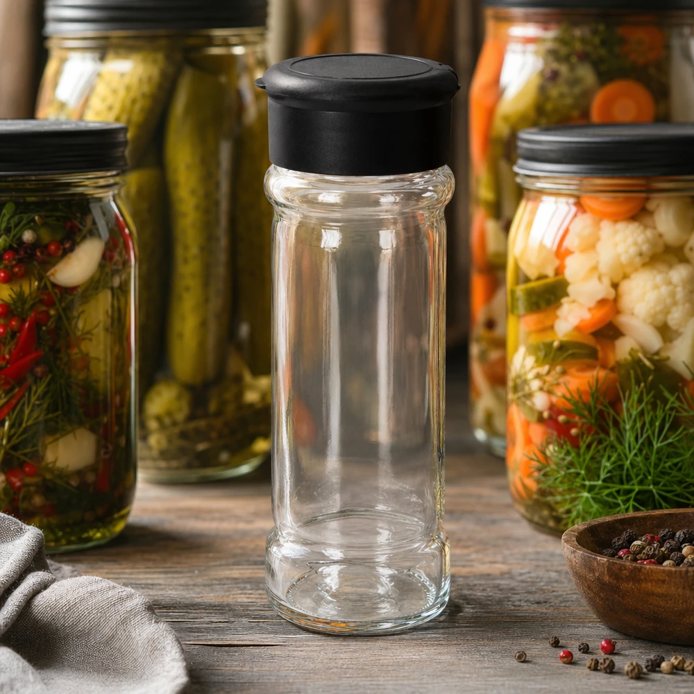 Dóza na sůl/koření 100ml s mlýnkem Vario černá Kompaktes Salzglas 100ml mit schwarzem Streuerverschluss und Pfefferkörnern im Hintergrund