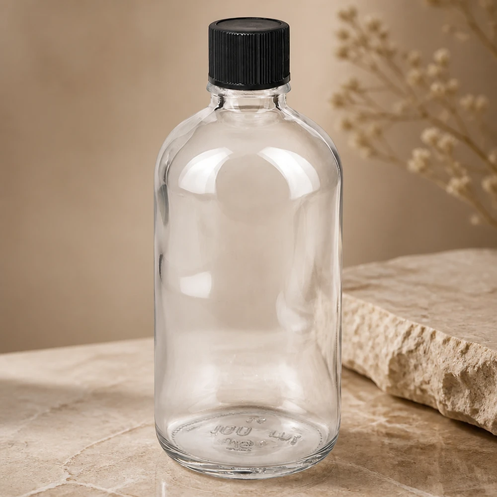100ml kapátko lahvička 1mm černá standardní uzávěr ClearLine UT18/100 Wiederverwendbare 100ml Klarglasflasche ClearLine mit schwarzem Standardverschluss UT18