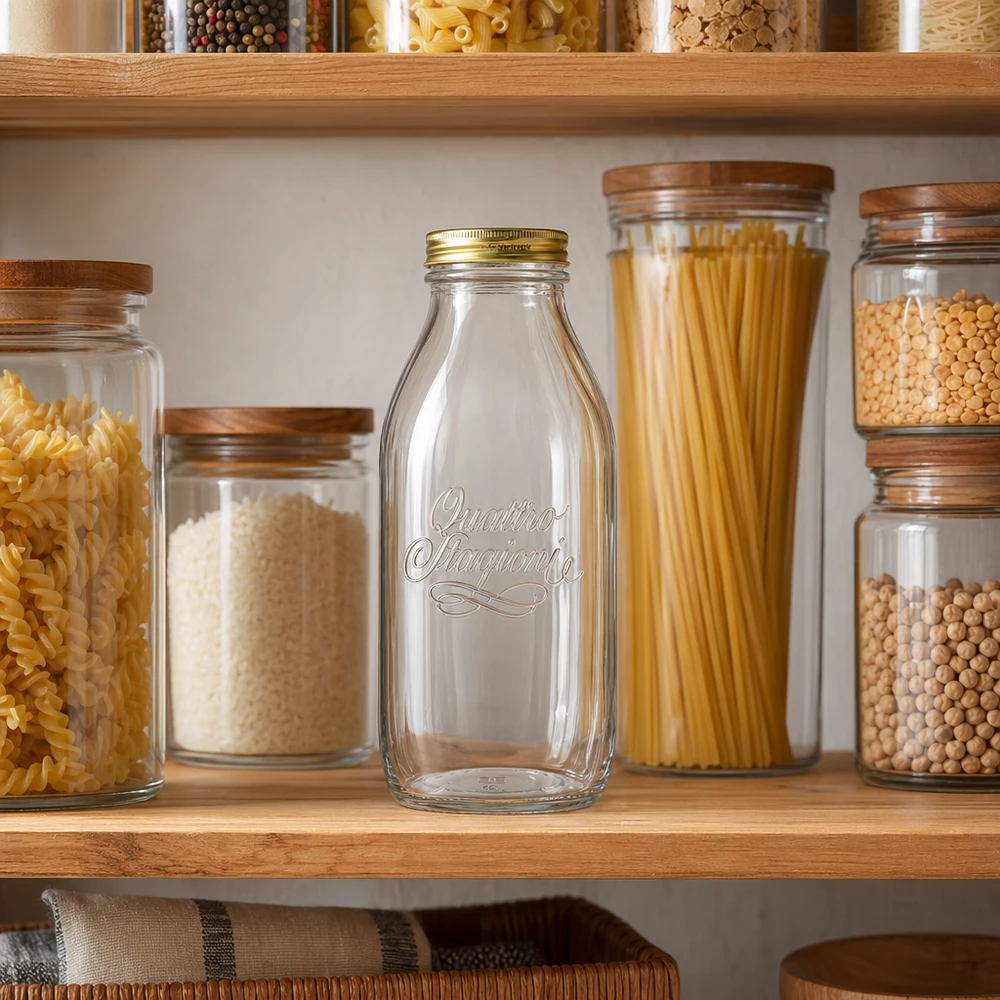 1000ml skleněná láhev "Quattro Stagioni" s víčkem Quattro Stagioni 1000ml Glasflasche in organisierter Speisekammer mit Vorratsgläsern, Nudeln und Hülsenfrüchten