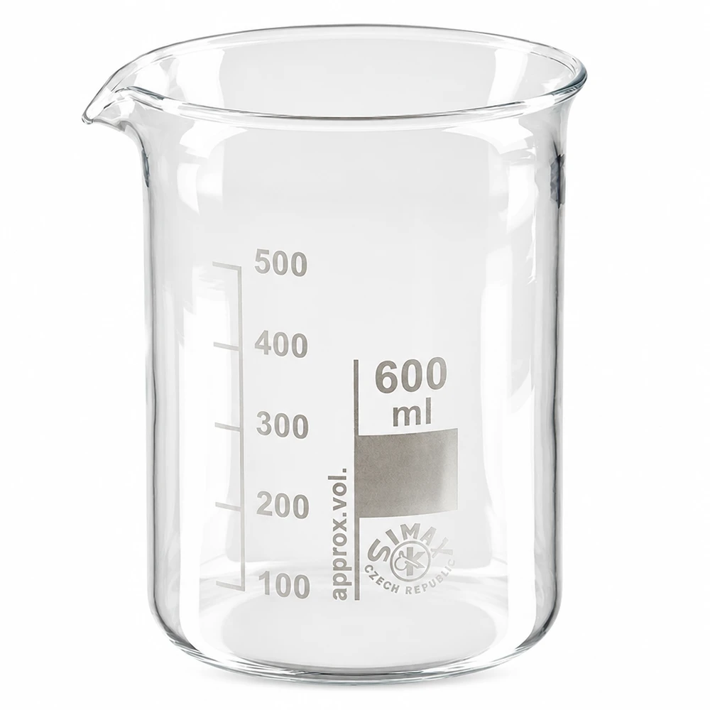 Kádinka 600 ml z borosilikátového skla, nízký tvar Transparentes Laborglas 600ml niedrige Form ideal zum Mischen und Ausgießen von Flüssigkeiten