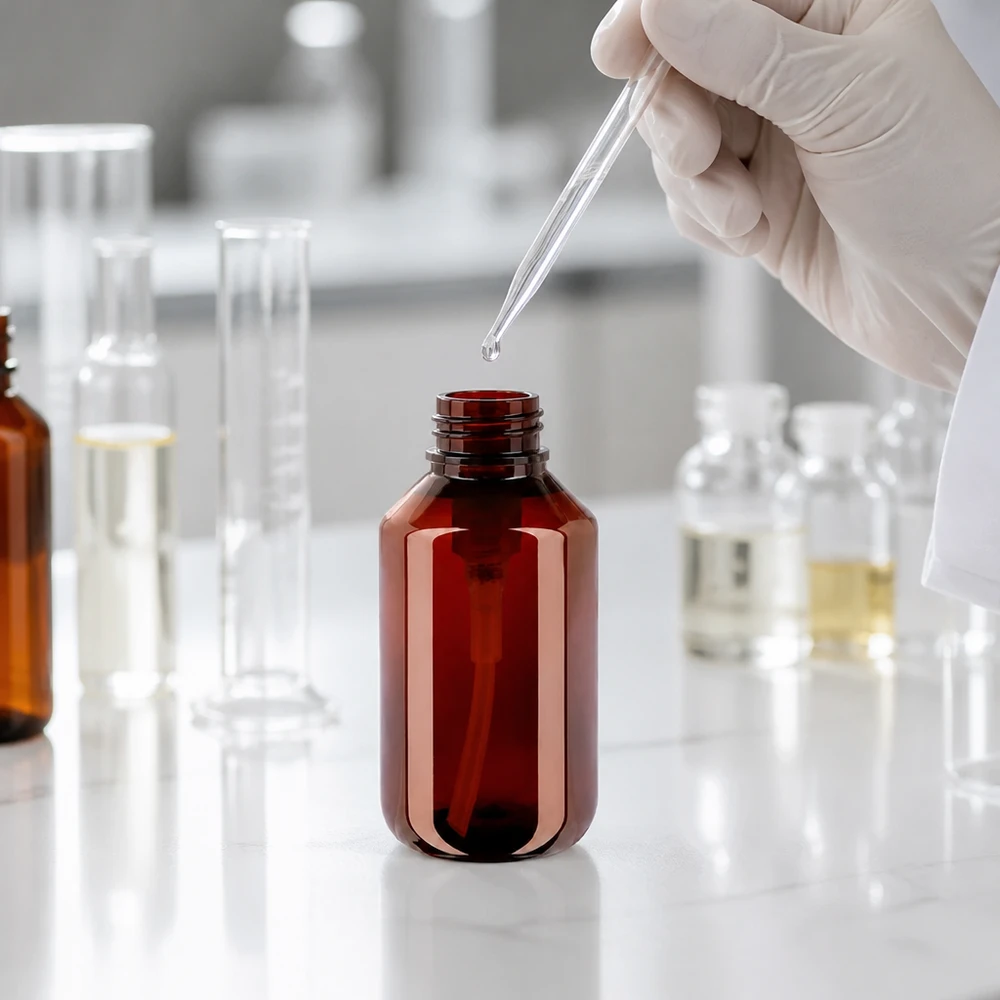 PET láhev 100ml s dávkovací pumpičkou bílá Handgeschützte Befüllung einer 100ml PET Flasche bernsteinfarben mit Dispenserpumpe weiss