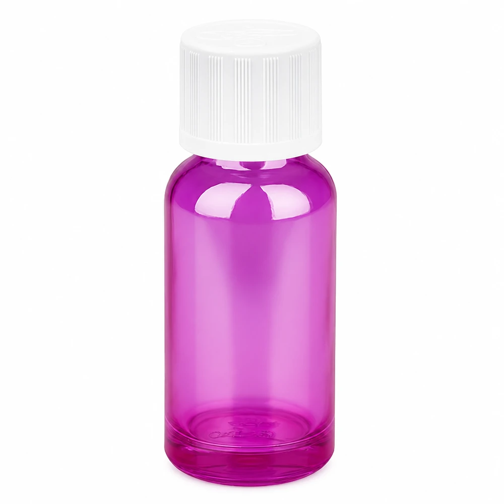 20ml láhev se šroubovacím uzávěrem 11 mm bílá standardní dětská pojistka PurpleLine UT18/20. 20ml Probenflasche mit Standard-Gewinde und UV-Schutz durch getönte Glaswand in Lila