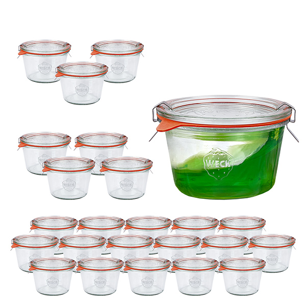 Sada 24 sklenic Weck 370ml tumblers s 24 skleněnými víčky. Sada 24 sklenic Weck 370ml tumblers s 24 skleněnými víčky.