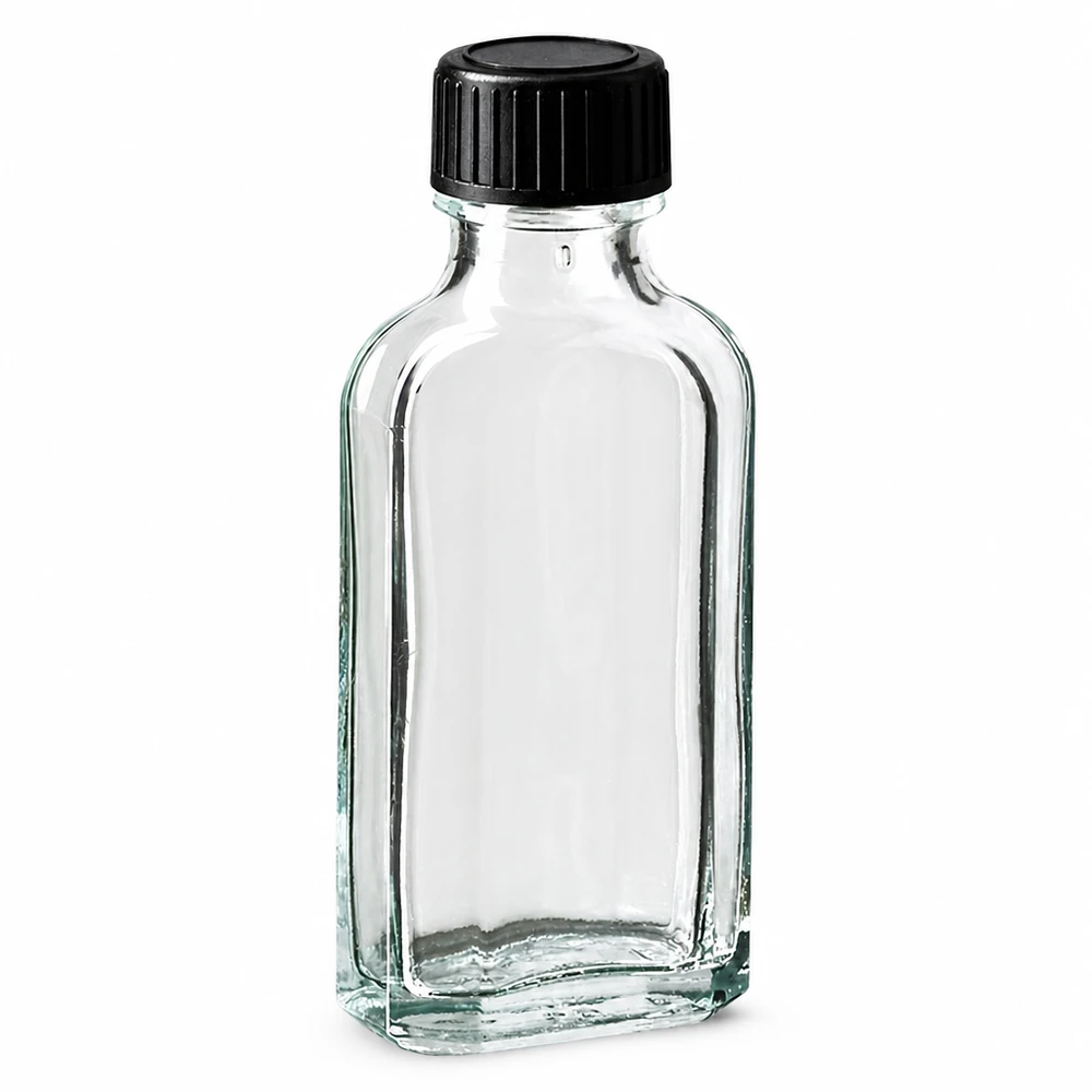 Rechteckige Glasflasche 50 ml klar mit schwarzem Schraubverschluss und EPE-Dichtscheibe