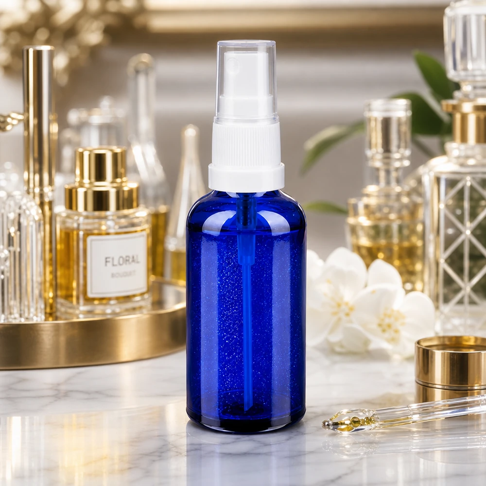 50ml lahvička s rozprašovačem bílá/transparentní standardní uzávěr BlueLine UT18/50 Dekorative blaue Glassprühflasche 50ml mit weißem Verschluss für Beauty-Routine zu Hause