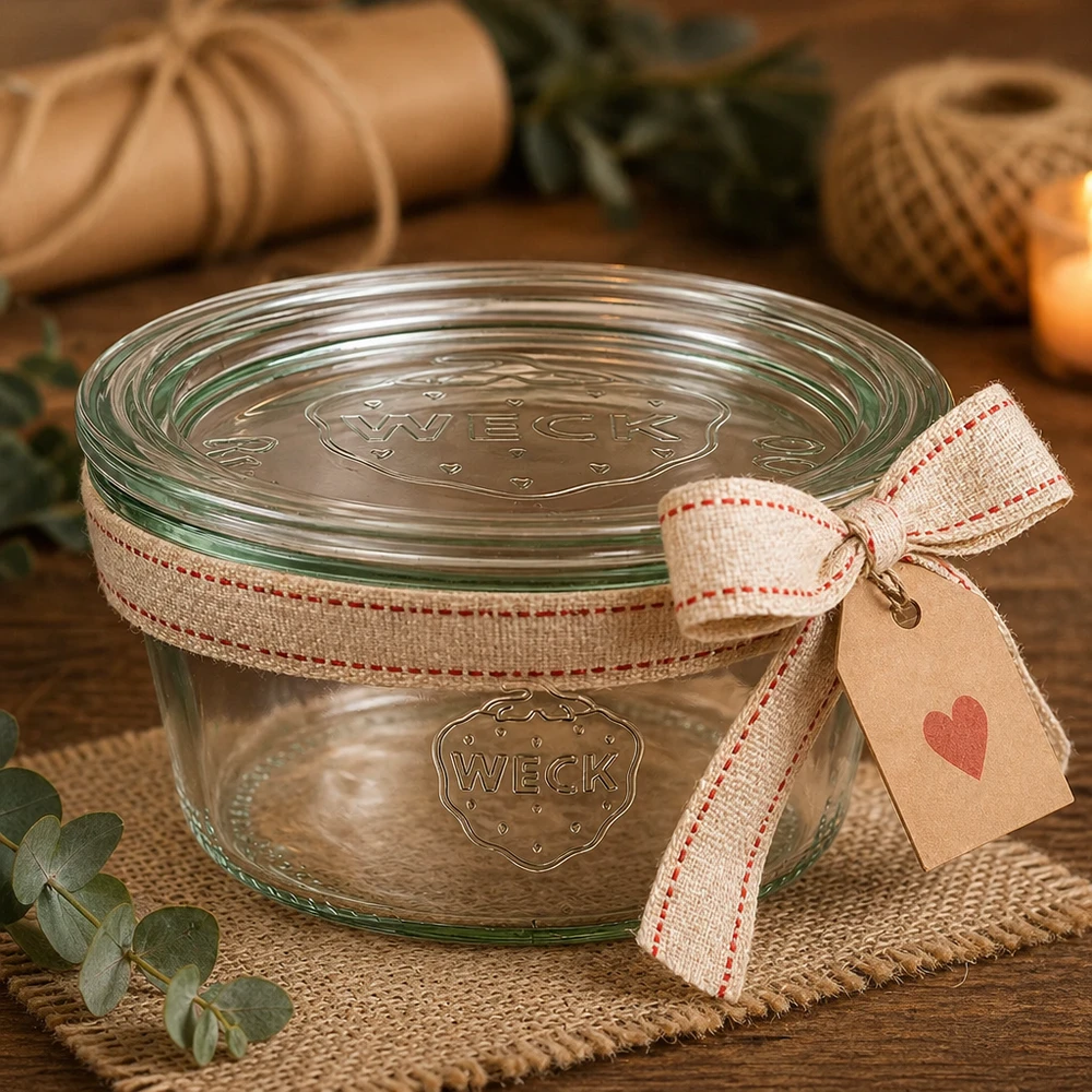 290ml nízká zavařovací sklenice WECK RR100 se skleněným víčkem - dřevěné víčko. WECK Sturzglas 290ml RR100 als Geschenkidee mit Schleifenband und Herzanhänger in rustikalem Ambiente