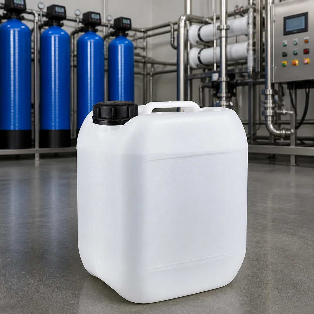 Kanystr o objemu 5 litrů se šroubovacím uzávěrem, který lze otevřít proti manipulaci. Robuster 5L Industriekanister mit breitem Schraubdeckel für sichere Chemikalienaufbewahrung