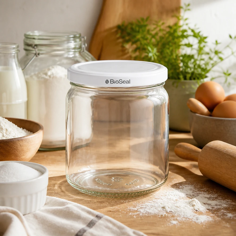 Kulatá sklenice o objemu 408 ml s bílým víčkem BioSeal UNiTWIST UNiTWIST Runda408 leeres Einmachglas in gemütlicher Küche - vielseitiges Vorratsglas mit BioSeal für Backen und Kochen