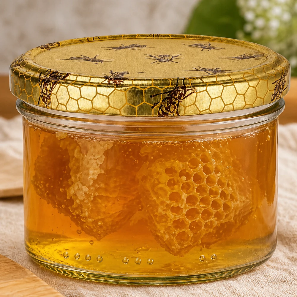 300g Honigglas gefüllt mit goldener Bienenwabe im Honig, dekorativer Verschluss mit Bienenmuster