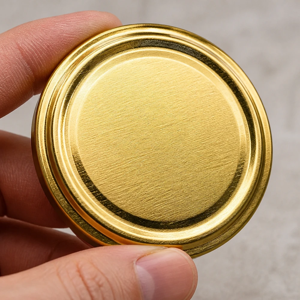 63mm víko BasicSeal zlaté (TO63) UNiTWIST Zlaté víčko TO63, 63 mm, detailní záběr s kartáčovaným kovovým povrchem UniTwist BasicSeal