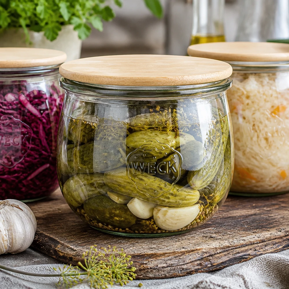 580ml tulipánová sklenice WECK RR100 s dřevěným víčkem WECK Tulpenglas 580ml RR100 mit Holzdeckel für eingelegte Gurken und Gemüse - stilvolle Einmachgläser-Serie