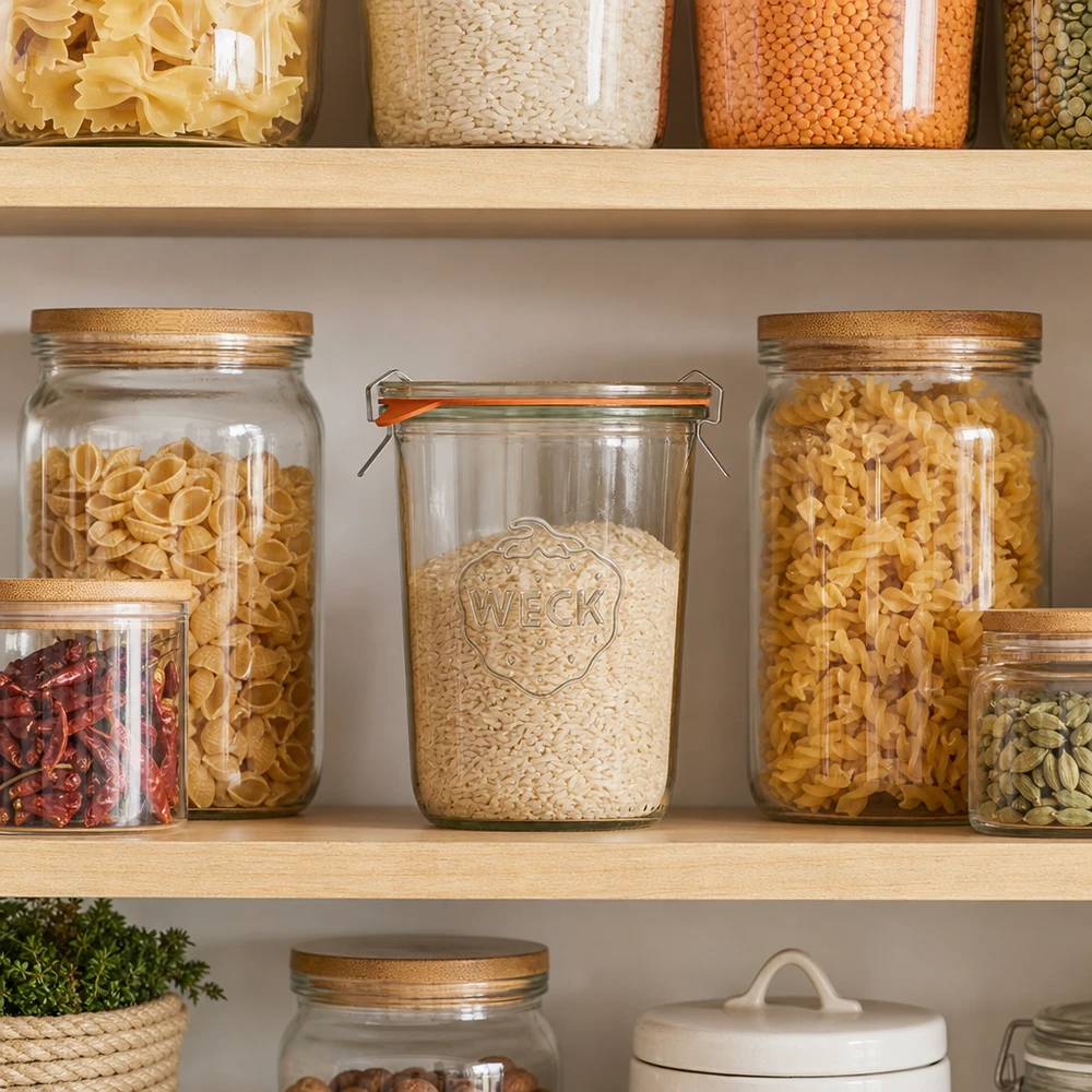 Kompletní sklenice s objemem 850 ml WECK RR100 s čerstvostí. WECK Sturzglas 850ml RR100 zur stilvollen Aufbewahrung von Reis und Pasta in moderner Vorratsküche