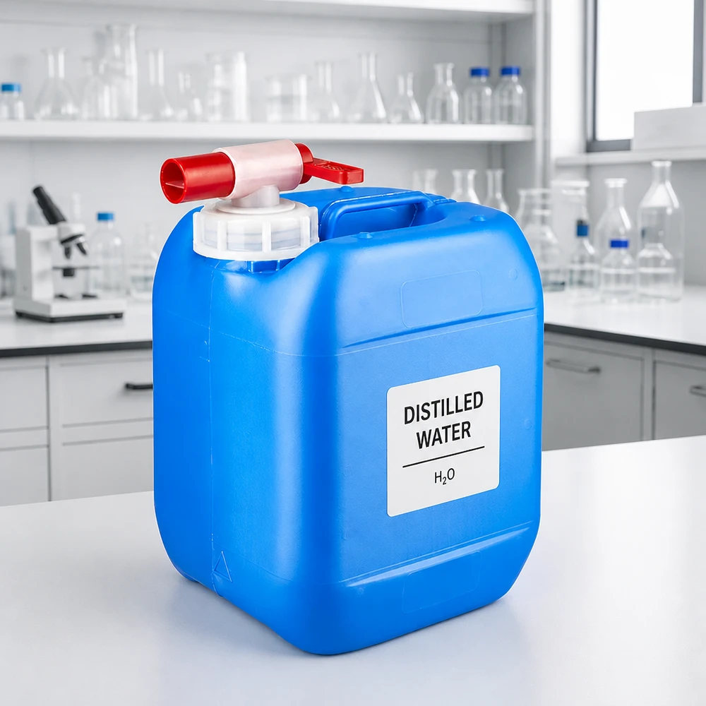 Kanystr 5 litrů modrý s vypouštěcím kohoutem Robuster blauer HDPE Kanister 5 Liter mit rotem Auslaufventil im Labor