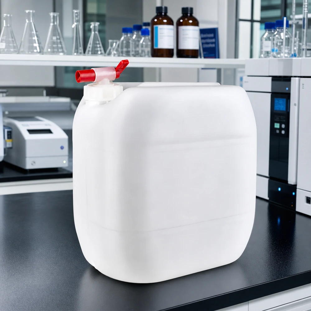 Kanystr 30 litrů s vypouštěcím kohoutem Weißer Lagerkanister 30 Liter mit Auslaufhahn für sichere Chemikalienaufbewahrung im Labor