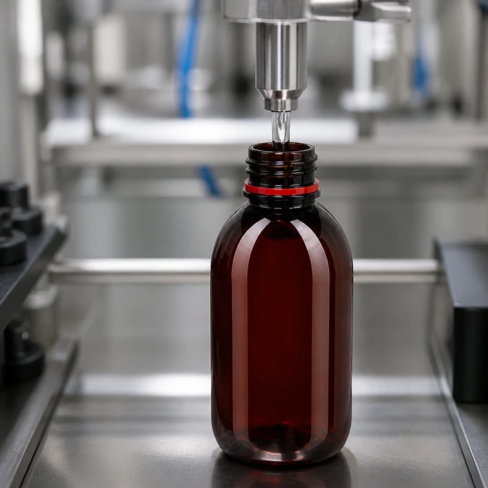PET láhev 250ml s bílým/červeným uzávěrem s ochranou proti manipulaci. Jantarově zbarvená PET láhev o objemu 250 ml s červeným bezpečnostním uzávěrem na průmyslové plnicí lince