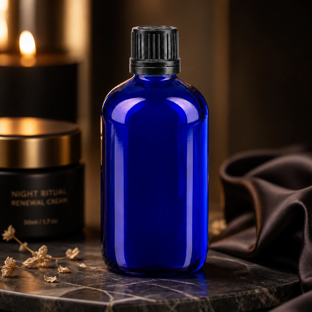 Dunkelblaue 100ml Pharmaflasche aus Glas mit schwarzem Schraubverschluss für Kosmetik
