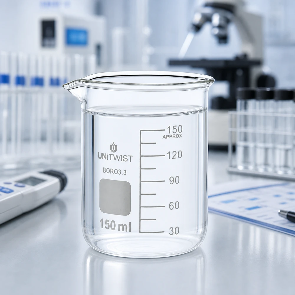 Kádinka 150ml borosilikátová, nízká forma UNiTWIST UNiTwist Becherglas 150ml niedr Form Borosilikat mit Reagenzgläsern und pH-Meter im Labor