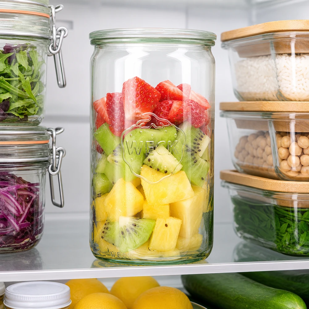 WECK Zylinderglas 1590ml RR100 im Kühlschrank mit frischem Obstsalat Erdbeeren Kiwi Ananas zwischen anderen Vorratsgläse