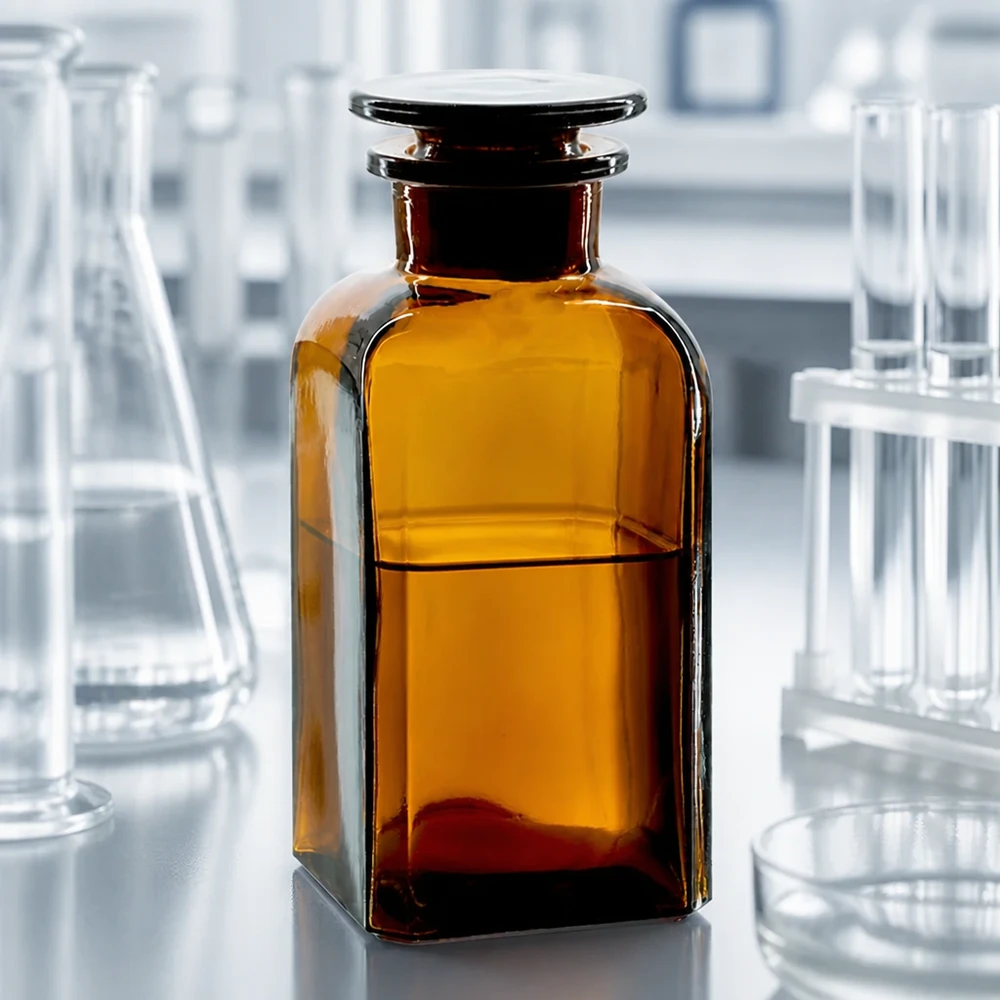Čtvercová láhev 350ml hnědá skleněná zátka se širokým hrdlem Vierkantflasche 350ml Weithals braun mit eingeschliffenem Glasstopfen zur sicheren Lagerung von Lösungen