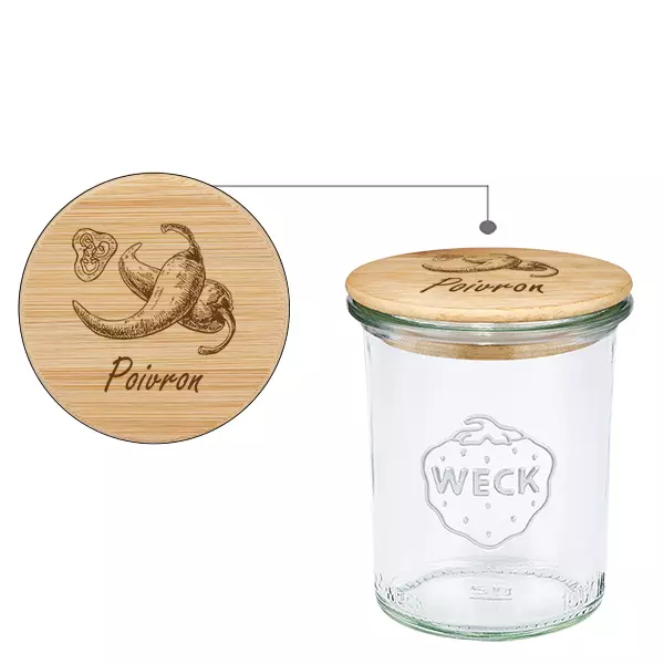 Couvercle en bois "Poivrons" avec WECK verre plongeant 160ml Couvercle en bois "Poivrons" avec WECK verre plongeant 160ml