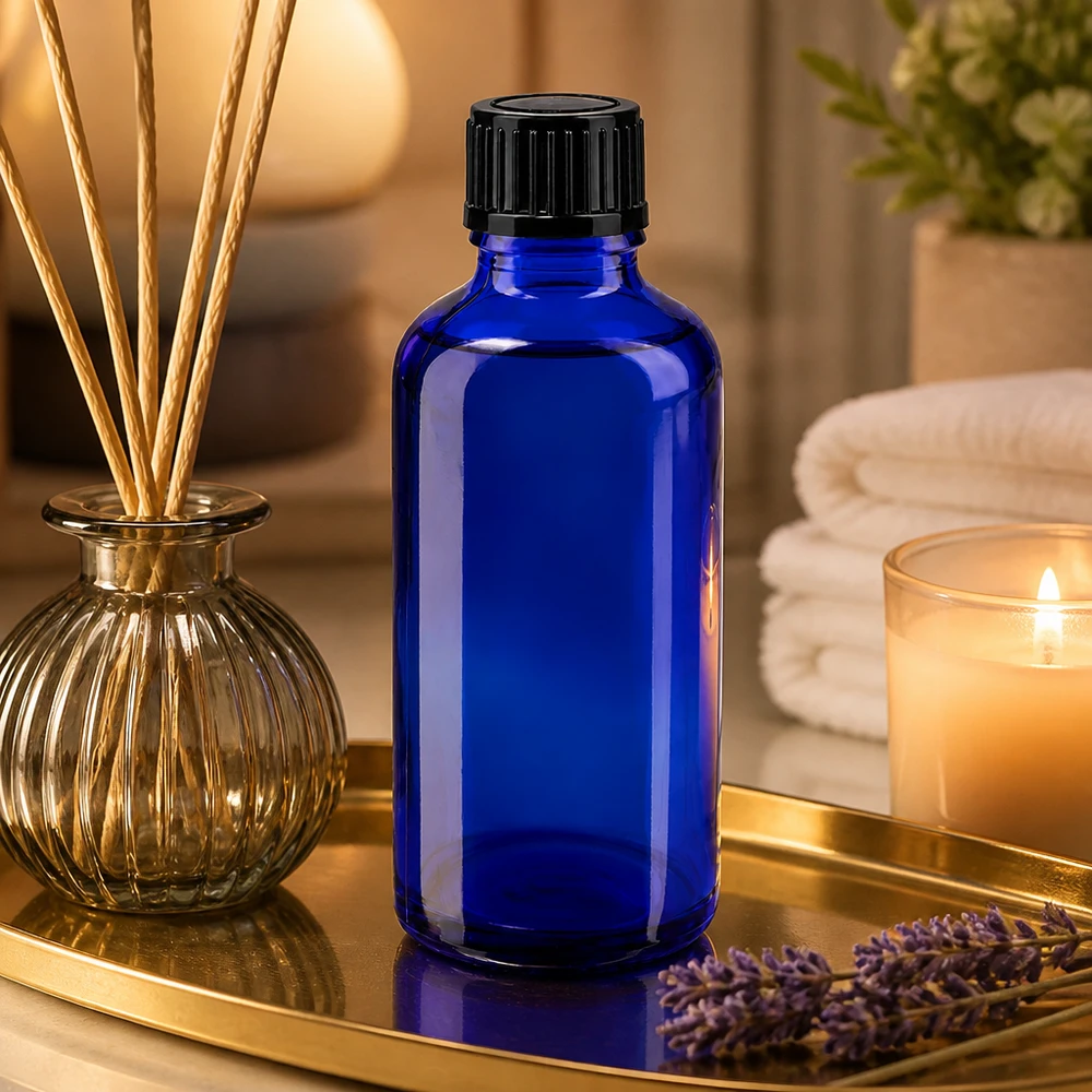 Blaue Apoflasche 50ml mit geripptem Schwarzverschluss neben Lavendel und Duftkerze