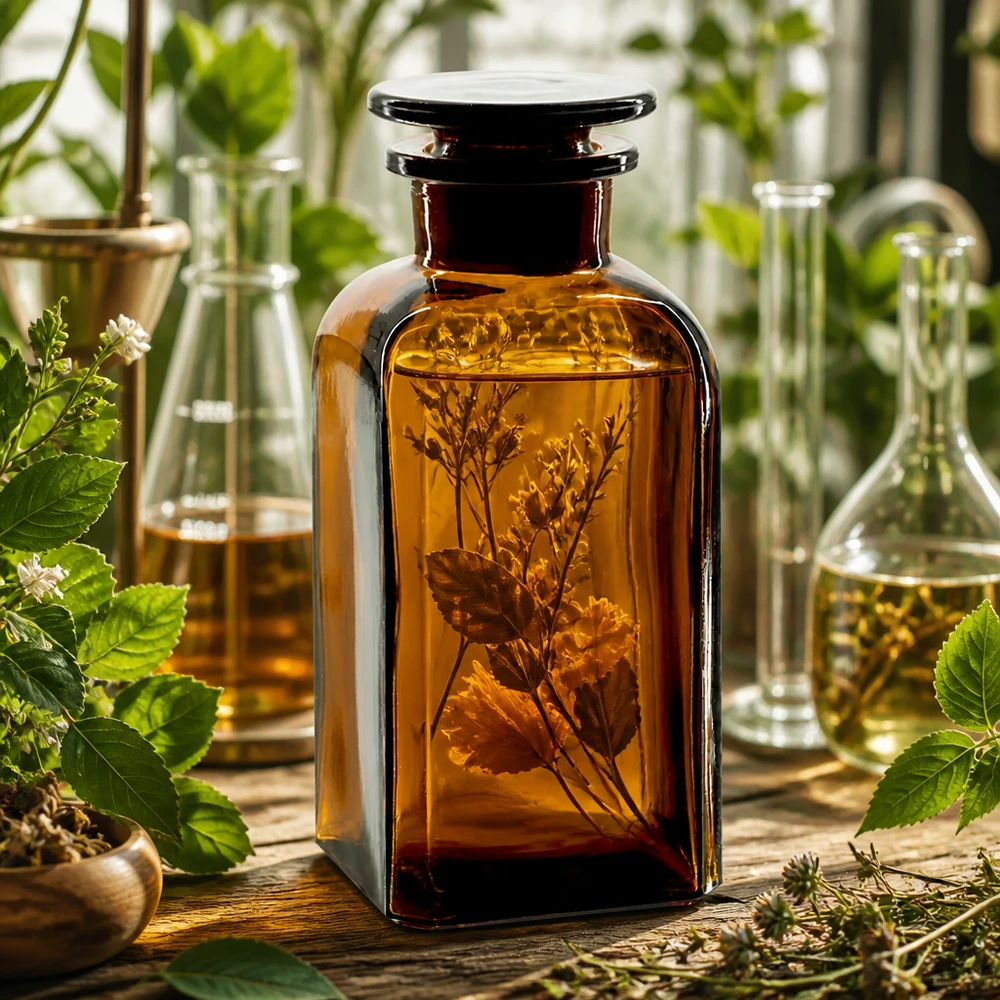 Čtvercová láhev 350ml hnědá skleněná zátka se širokým hrdlem Historische Apothekerflasche 350ml braun quadratisch Glasstopfen umgeben von frischen Kräutern