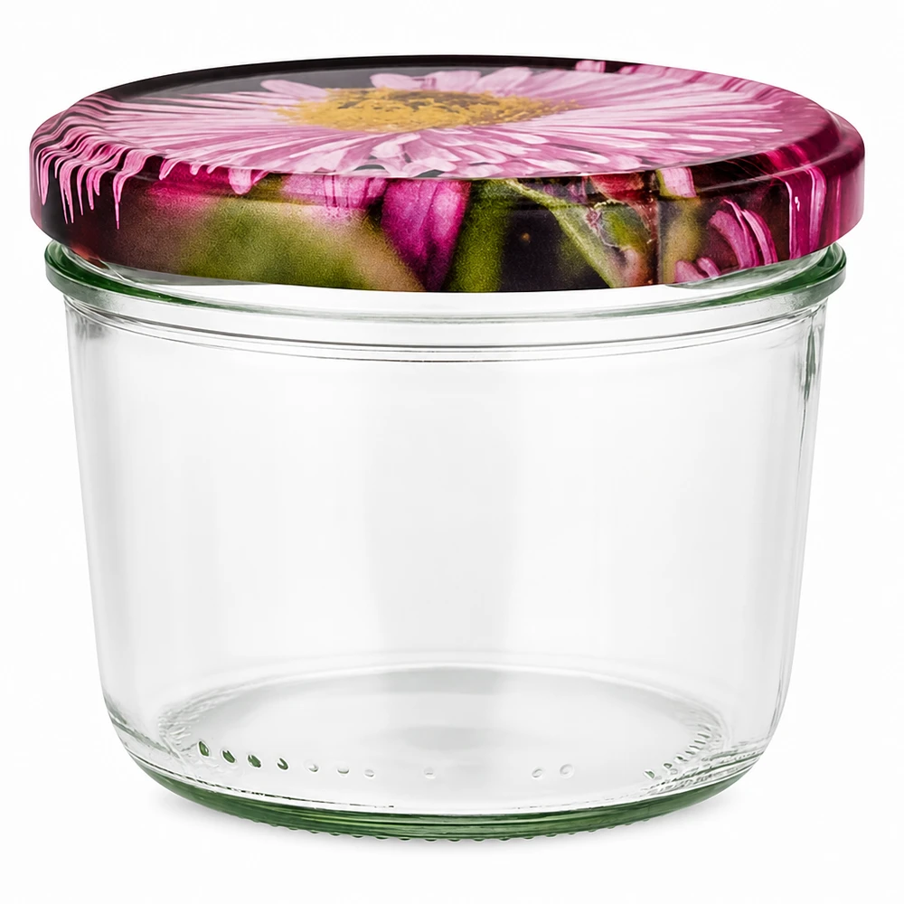 230ml kelímky + víčko BasicSeal v květinovém designu UNiTWIST Sturzglas 230ml mit BasicSeal Deckel in Blüten-Dekor, leeres Einmachglas mit rosa Blumenmuster auf weißem Hintergrund