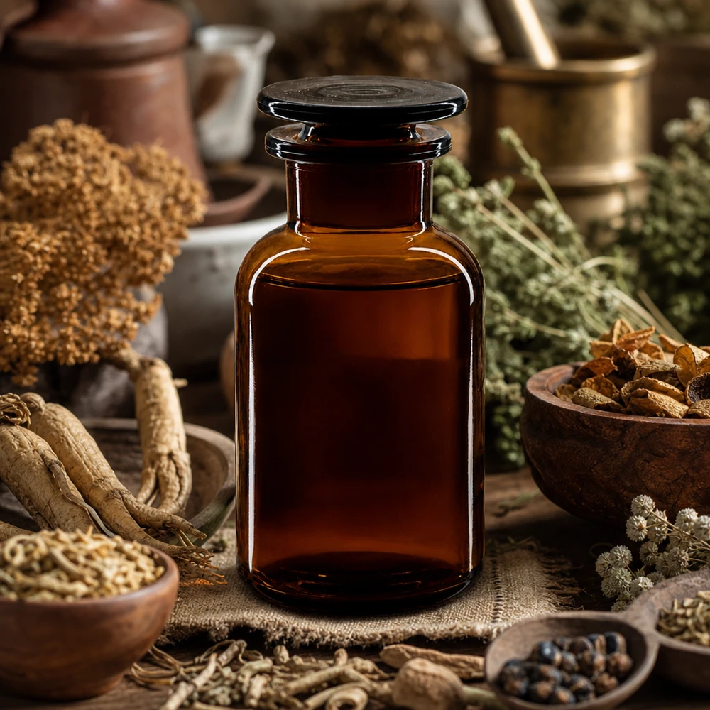 Láhev s kulatým ramenem 250ml hnědá skleněná zátka se širokým hrdlem Medizinflasche 250ml braun Weithals mit Glasstopfen zwischen getrockneten Heilpflanzen und Samen