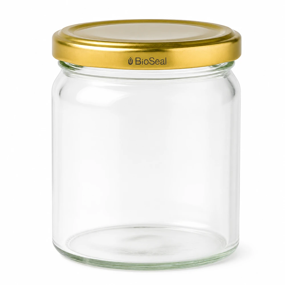 UNiTWIST Runda408 Einmachglas mit goldenem TO82 BioSeal Deckel - rundes Glasgefäß zum Einkochen und Aufbewahren