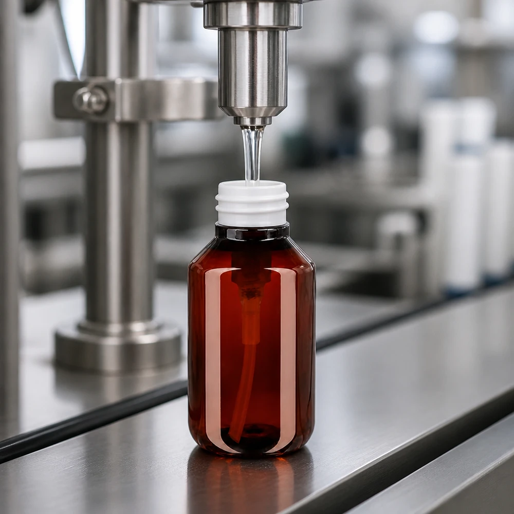 PET láhev 100ml s dávkovací pumpičkou bílá Flüssigkeitsbefüllung einer lichtundurchlässigen 100ml PET Flasche mit weisser Dispenserpumpe