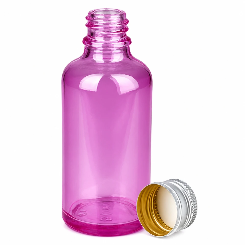 Kompakte lila Glasflasche 50ml Volumen ideal für Parfum Seren und ätherische Öle